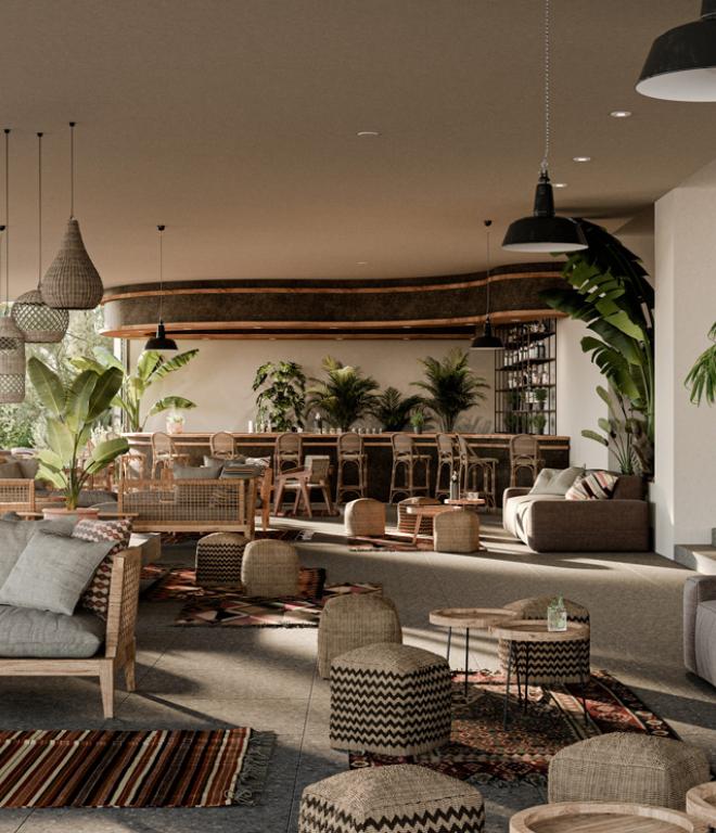 Wohnzimmer im Boho-Design mit Sofas, Höckern und viel Pflanzen um Cook's Club Corfu